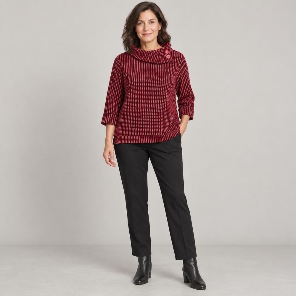 Habitat Cowl Neck Top Women Large Red Black Textured Geometric Button 3/4 Sleeve